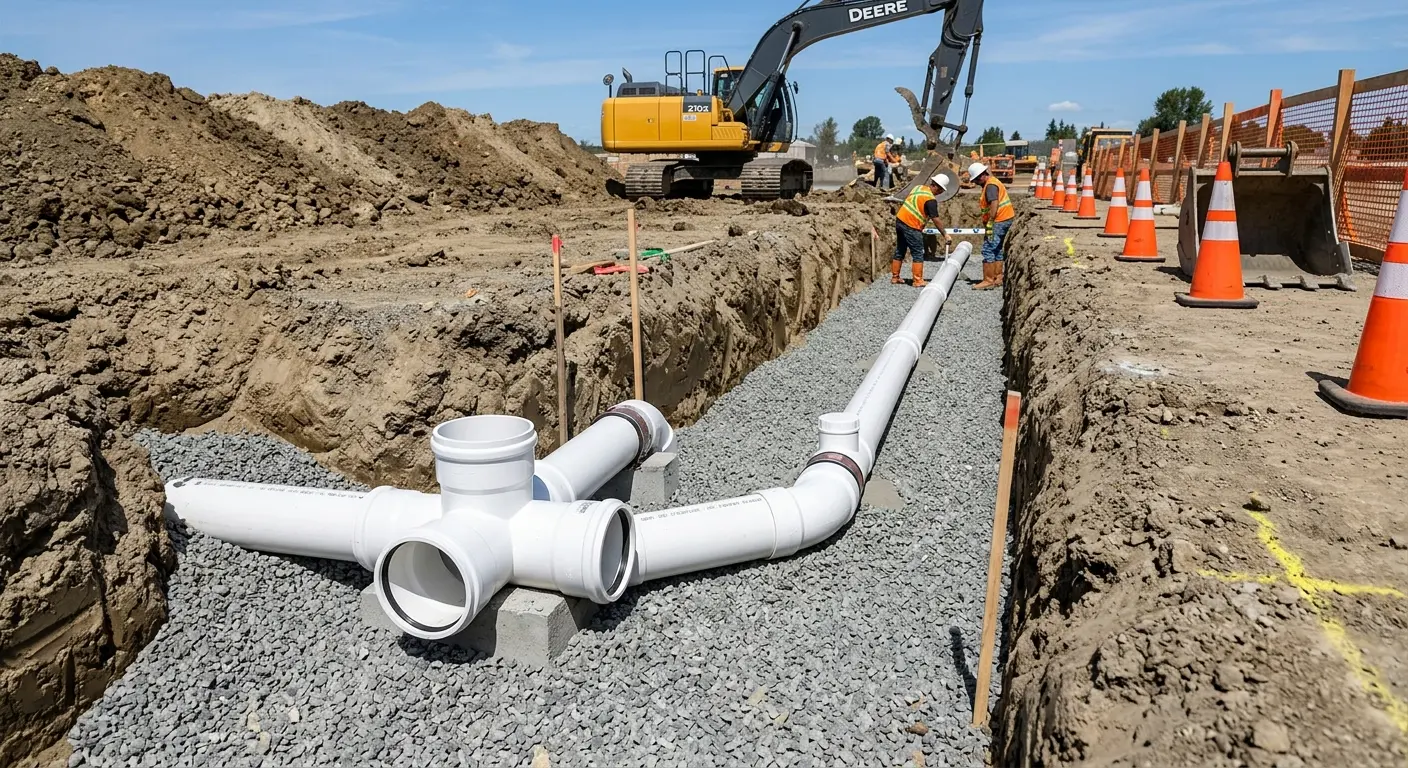New PVC sewer pipe installation in open trench for Sewer Backup in Everett