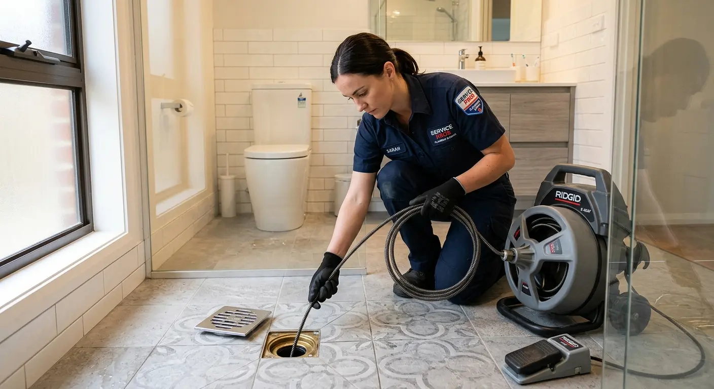 Technician clearing a bathroom floor drain for Drain Cleaning in Everett
